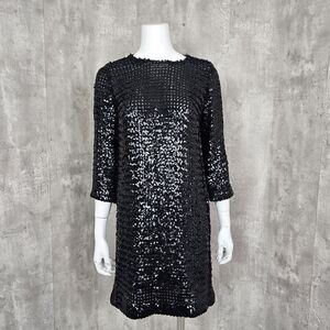Vintage 60s Gale Mitchell M Sheer Black Sequin 3/4 Sleeve Cocktail‎ Dress LBD